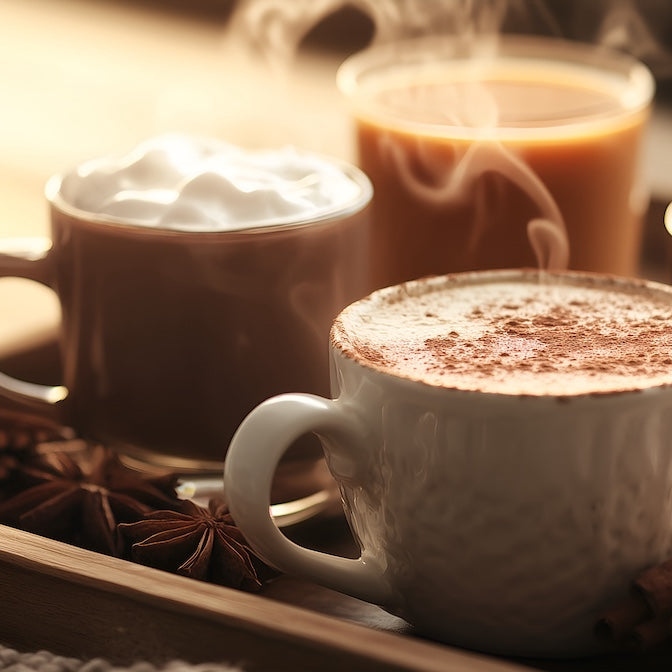 a wooden tray holding 4 fall drinks set on a wooden table and light notes of autumn decor around