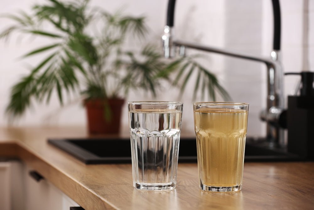 Clean water in a glass on left side and dirty brown water on the right side. Clean water is purified and cleaned by Reverse Osmosis