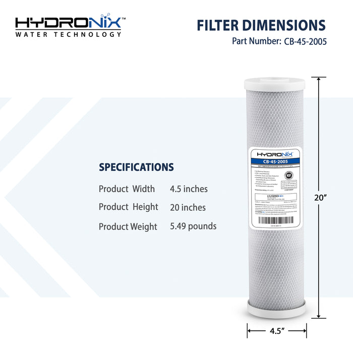 4 Pack - Hydronix CB-45-2005 CTO Whole House Coconut Shell Carbon Block Water Filters 20" x 4.5", 5 micron
