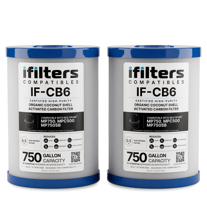 iFilters Compatibles CB6 2-Pack 0.5-Micron Carbon Block Under-Sink Water Filter Replacement | Multipure Aquaversa Compatible – 2.5″ x 6.5″