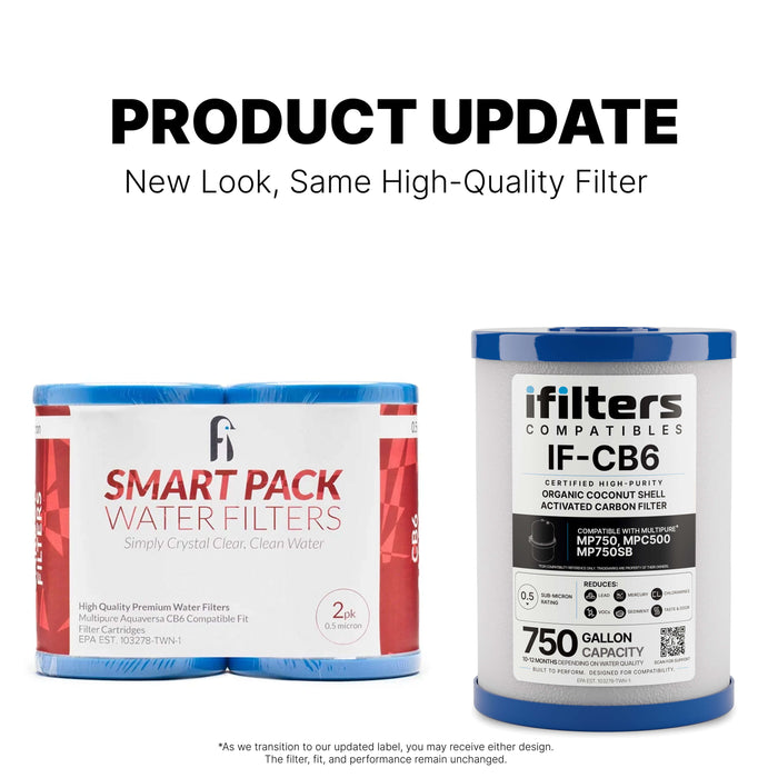 iFilters Compatibles CB6 2-Pack 0.5-Micron Carbon Block Under-Sink Water Filter Replacement | Multipure Aquaversa Compatible – 2.5″ x 6.5″