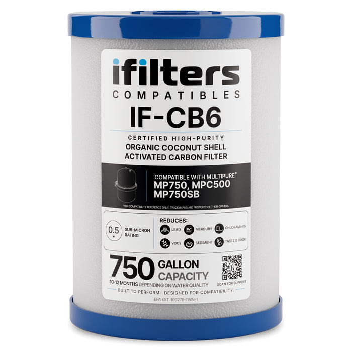 iFilters Compatibles CB6 Compatible Carbon Block Water Filter Replacement – 0.5 Micron Under-Sink Cartridge for Multipure Aquaversa Systems
