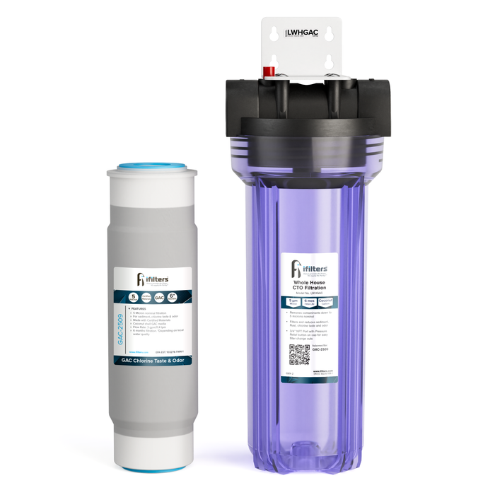 iFilters Whole House GAC Filter System for Sediment, Chlorine Taste & Odor - Clear Housing - 3/4" Ports - Pressure Relief Button - IFilters
