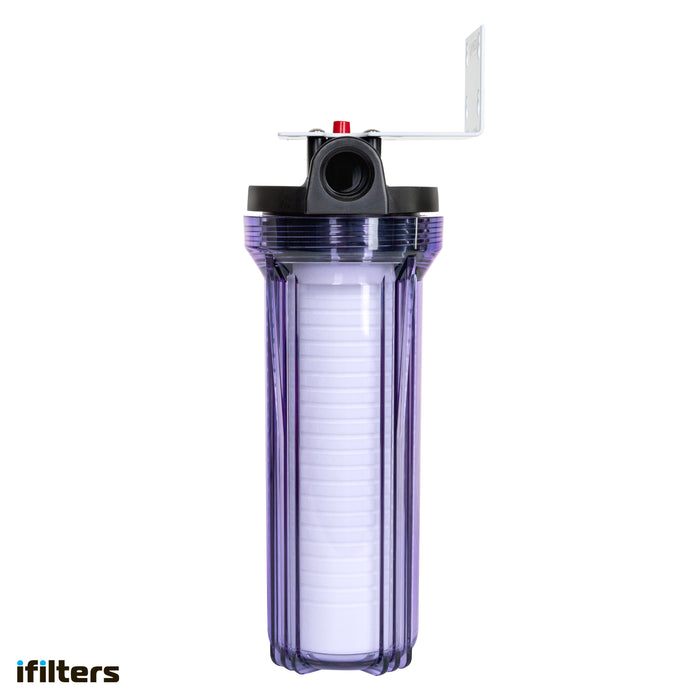 iFilters Whole House Sediment Filter for Dirt, Sand, Silt, Rust and Scale - Clear Housing - 3/4" Ports - Pressure Relief Button