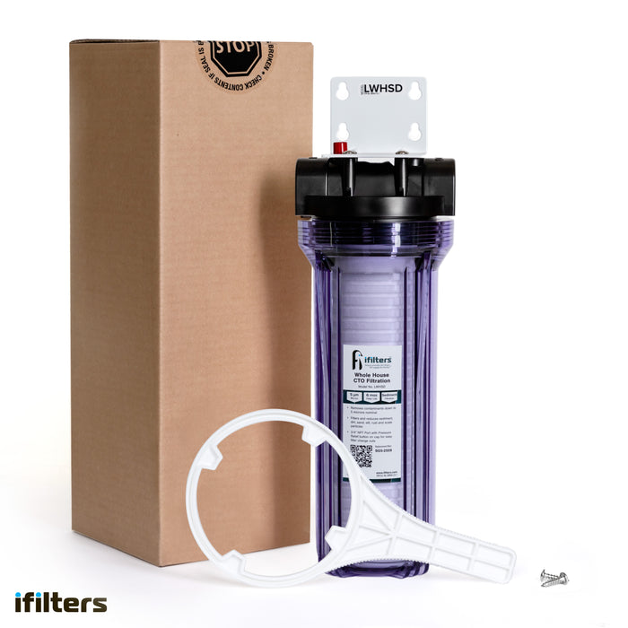 iFilters Whole House Sediment Filter for Dirt, Sand, Silt, Rust and Scale - Clear Housing - 3/4" Ports - Pressure Relief Button
