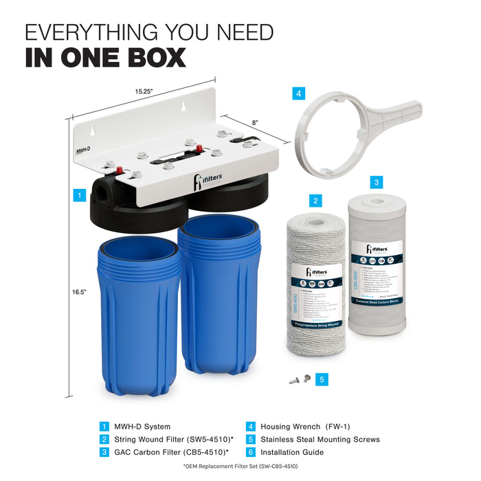 Whole House Water Filtration System 2 Stage Sediment Chlorine Taste Odor VOCs 1" Ports