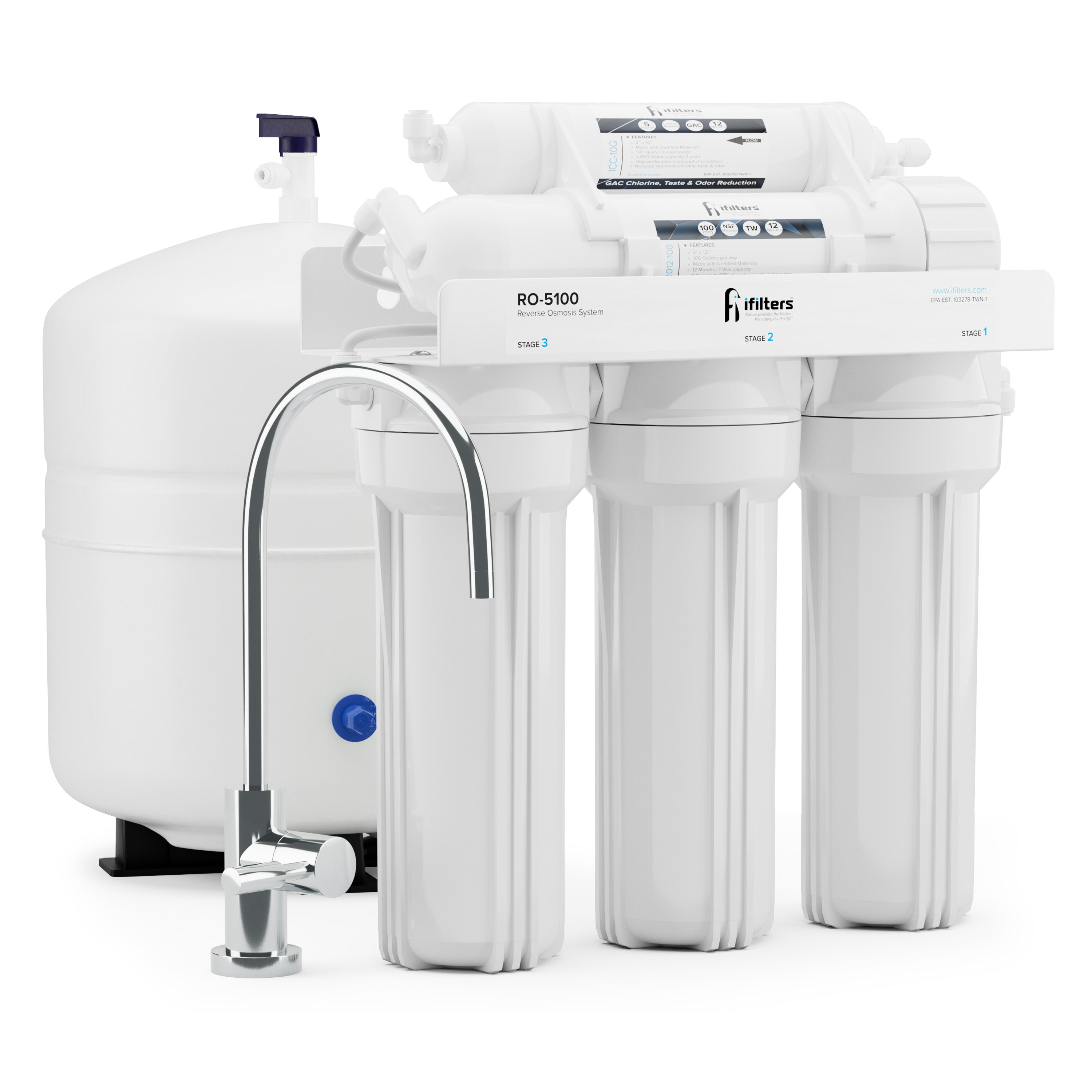 iFilters - RO-5100 - 100 GPD Ultimate Reverse Osmosis Filtration System 5  Stage, Chrome Faucet, 4 Gal
