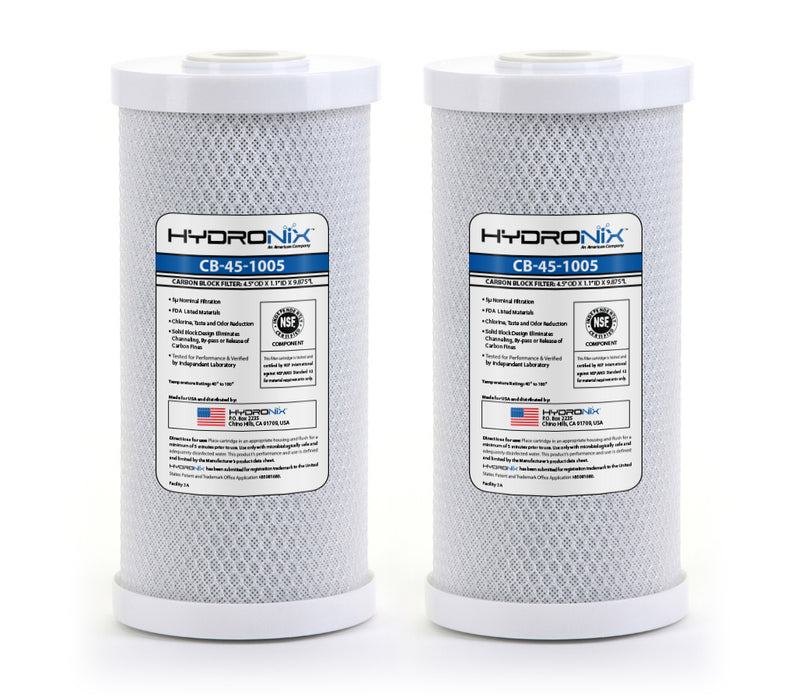 Hydronix 2 Pack CB-45-1005 Whole House, Hydroponics Carbon Block Water Filters CTO 4.5" x 10" - 5 micron