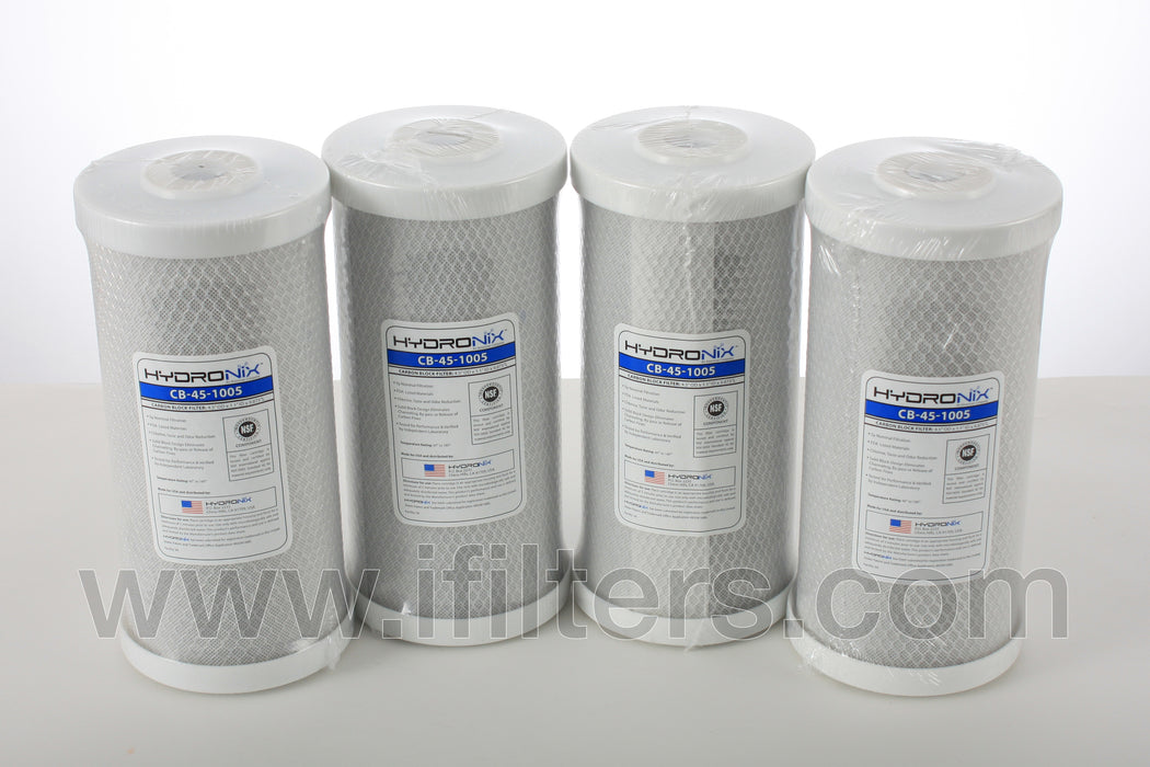 Hydronix 4 Pack CB-45-1005 Whole House, Hydroponics Carbon Block Water Filters CTO 4.5" x 10" - 5 micron