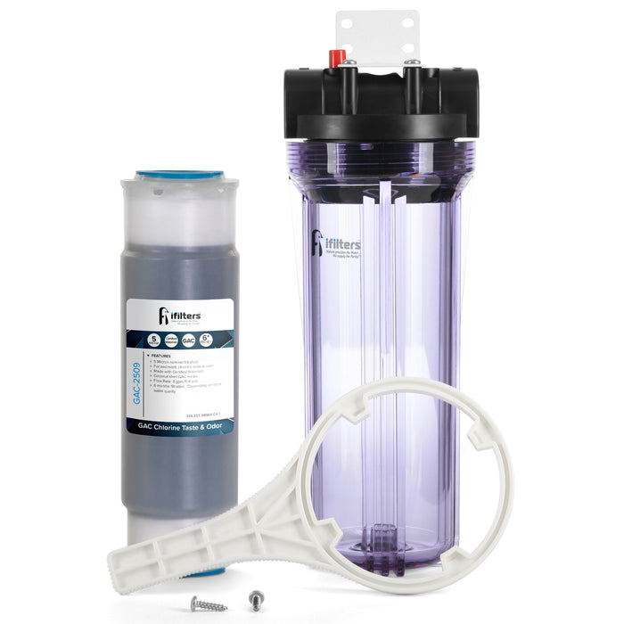 iFilters Whole House GAC Filter System for Sediment, Chlorine Taste & Odor - Clear Housing - 3/4" Ports - Pressure Relief Button