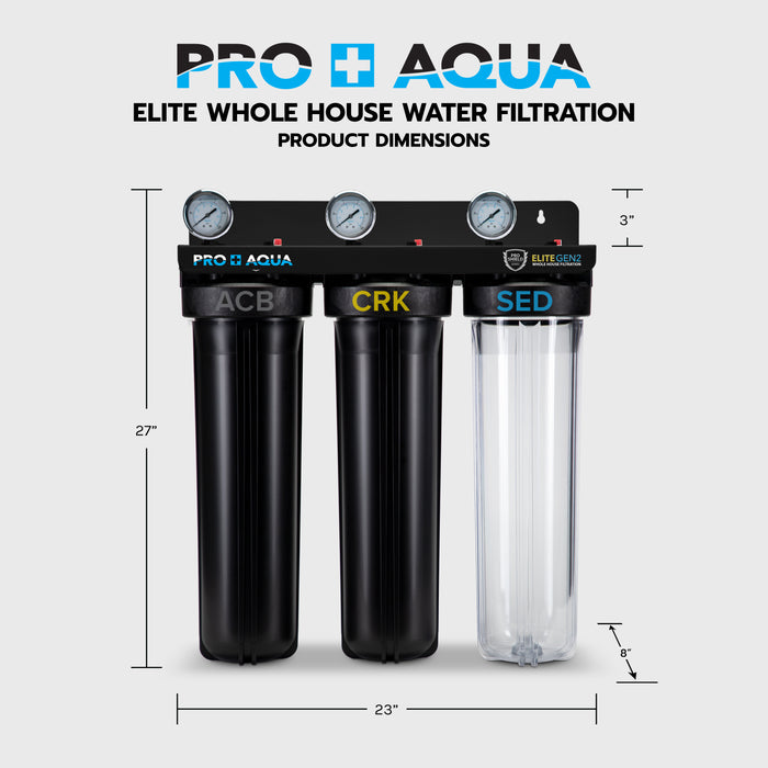 PRO+AQUA ELITE GEN2 Whole House 3 Stage Well Water Filter System, Gauges, 1” Ports