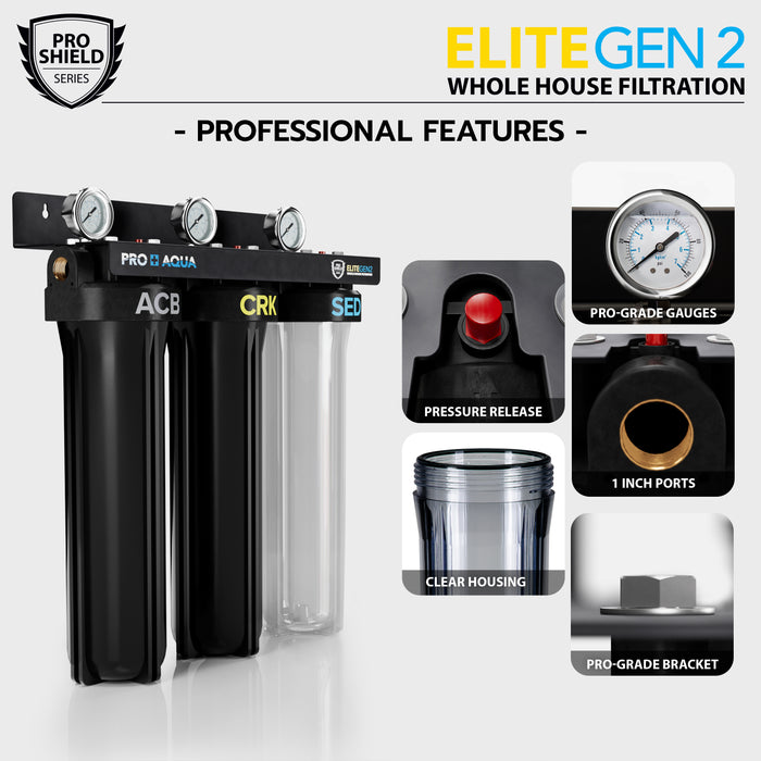 PRO+AQUA ELITE GEN2 3 Stage Whole House Water Filtration System, 1” Ports, Extra Filters