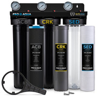 PRO+AQUA PRO-100-E ELITE GEN2 Whole House 3 Stage Well Water Filter System, Gauges, 1” Ports