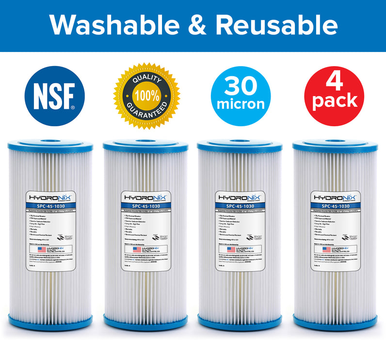 Hydronix Whole House Sediment Pleated Water Filter Washable and Reusable 4.5 x 10 - 30 Micron - 4 Pack